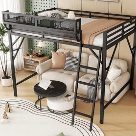 Metal Full Size Loft Bed With Ladder and Storage Shelves