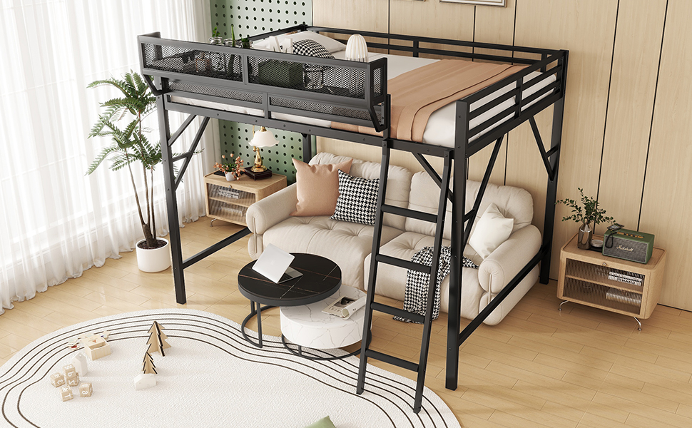 Metal Full Size Loft Bed With Ladder and Storage Shelves