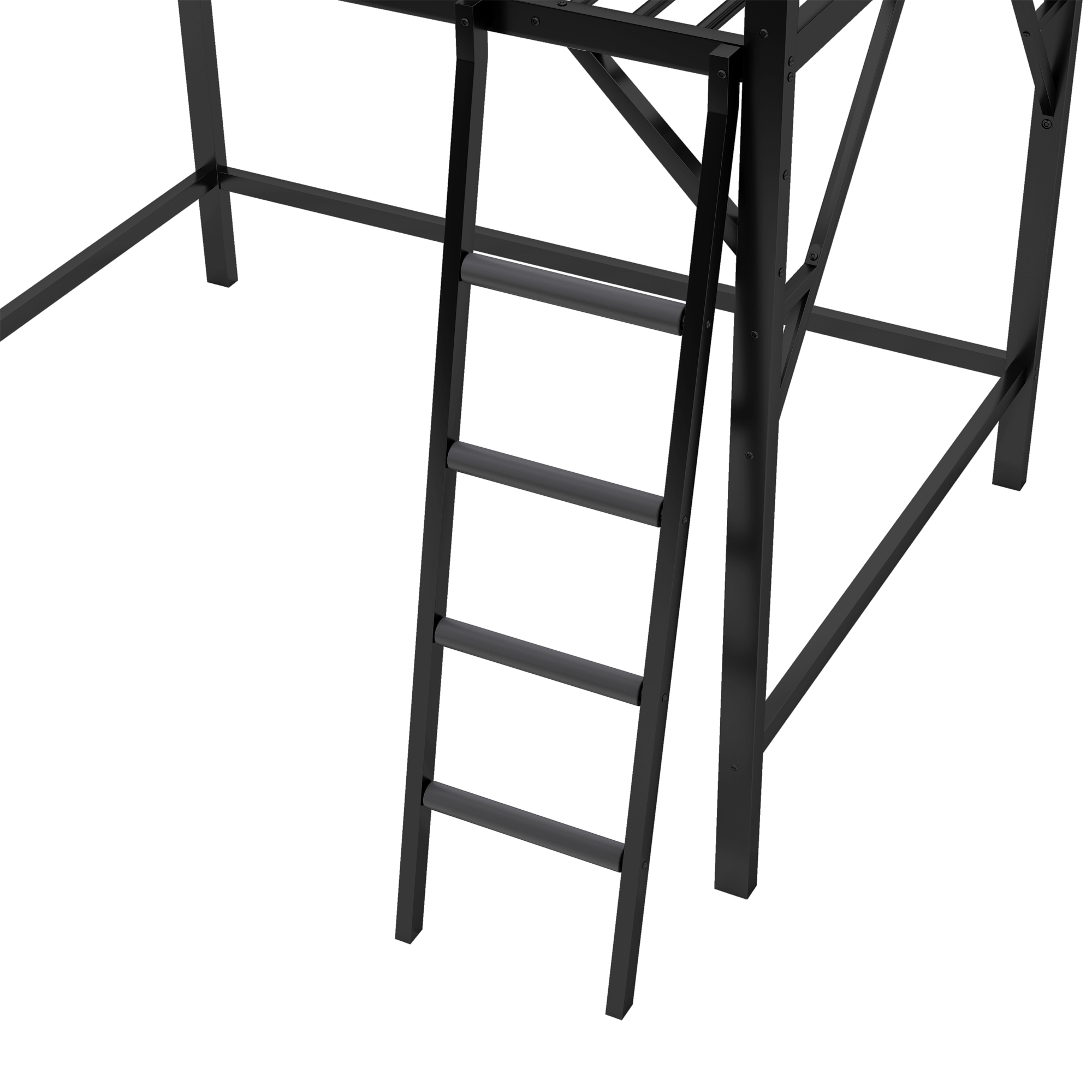 Metal Full Size Loft Bed With Ladder and Storage Shelves