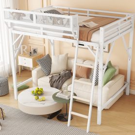 Metal Queen Size Loft Bed With Ladder and Storage Shelves
