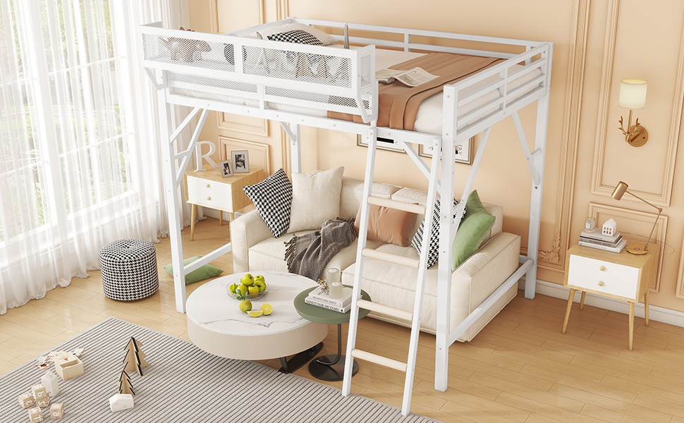 Metal Queen Size Loft Bed With Ladder and Storage Shelves