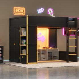 Queen Size Loft Bed with Cabinet, Storage Shelves and Drawer, LED Strip
