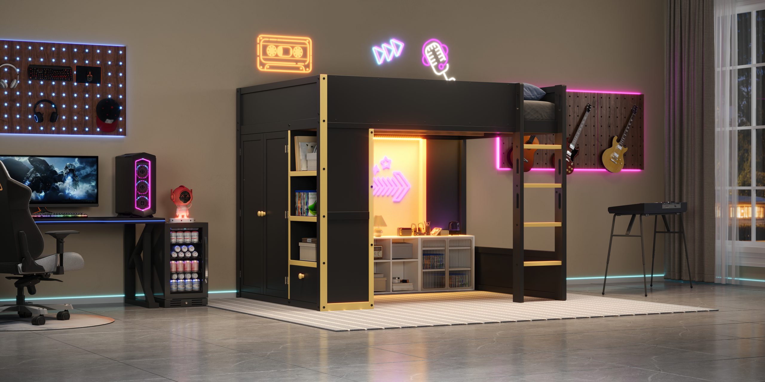 Queen Size Loft Bed with Cabinet, Storage Shelves and Drawer, LED Strip