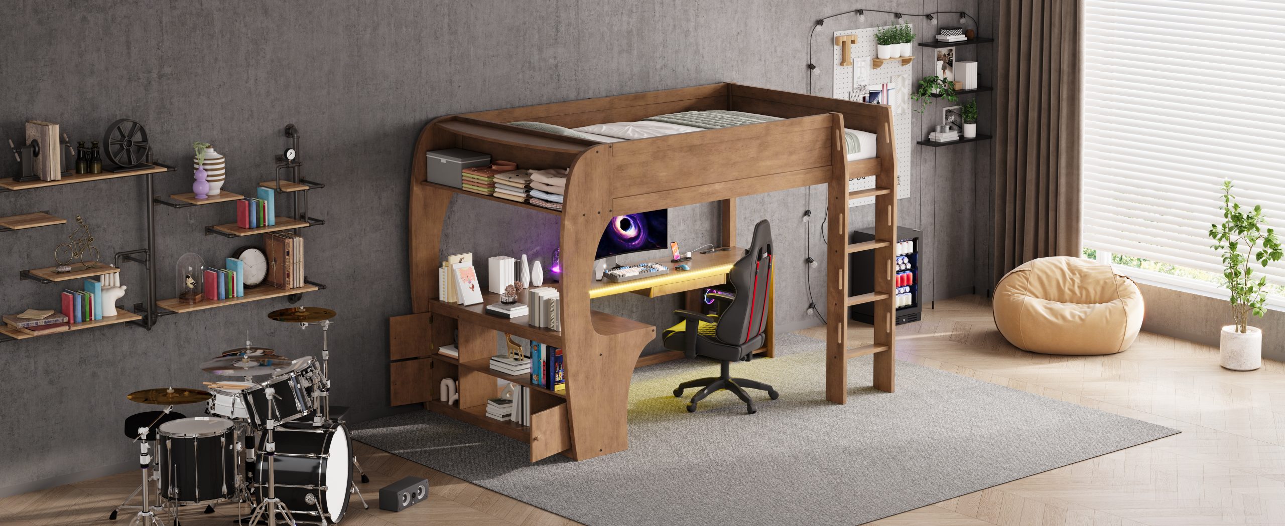 Full Size Loft Bed with L- Shape Desk, Storage Shelves, LED and Charging Station