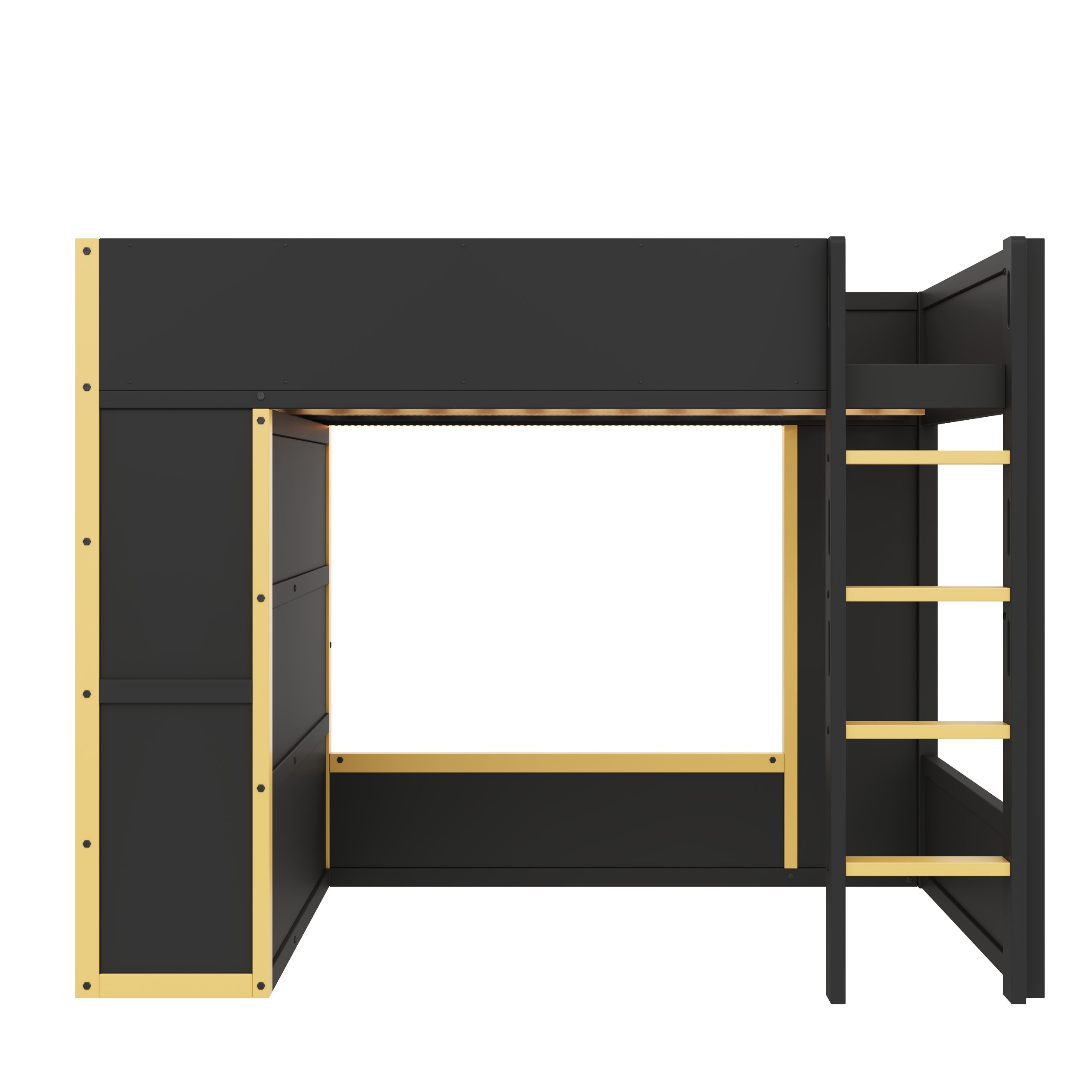 Queen Size Loft Bed with Cabinet, Storage Shelves and Drawer, LED Strip