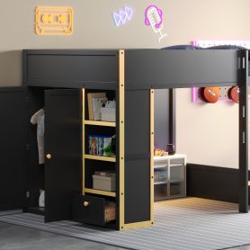 Queen Size Loft Bed with Cabinet, Storage Shelves and Drawer, LED Strip
