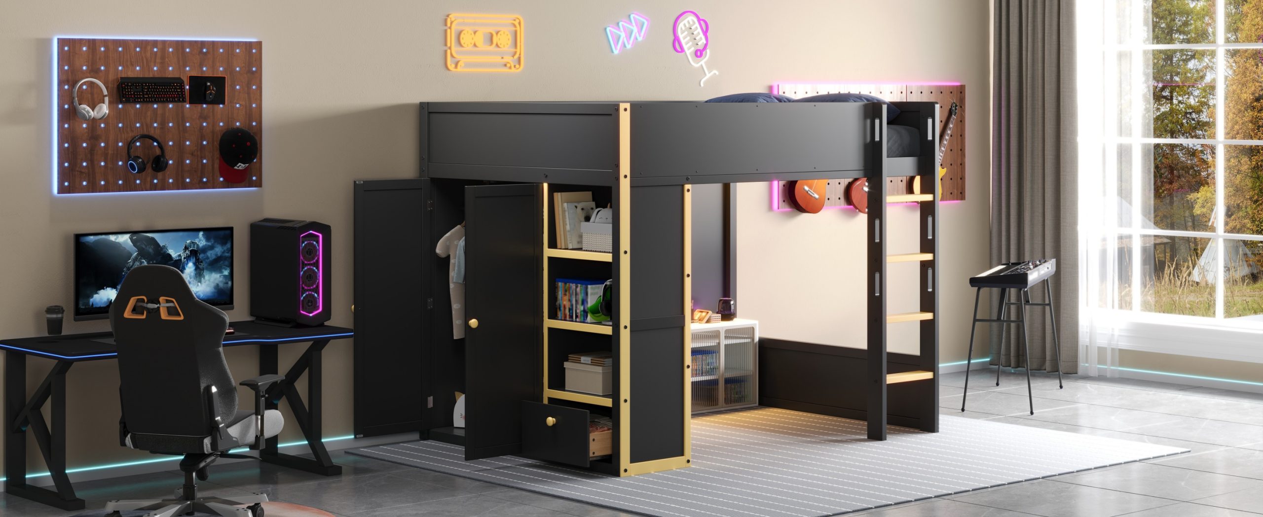 Queen Size Loft Bed with Cabinet, Storage Shelves and Drawer, LED Strip