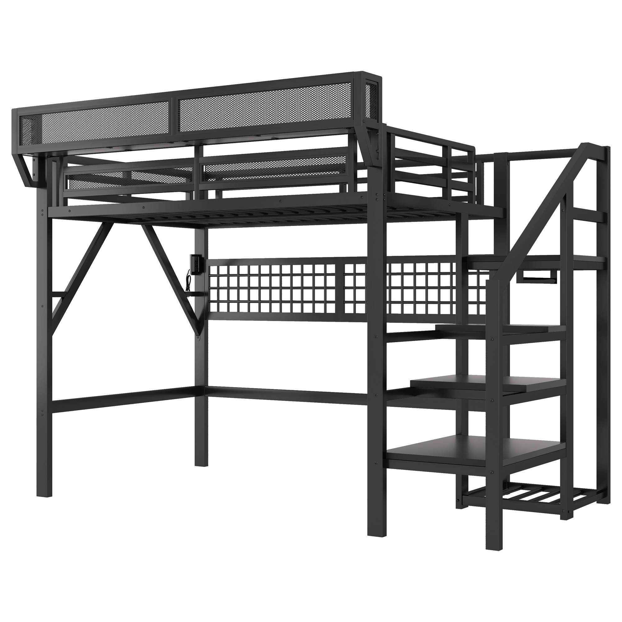 Metal Full Loft Bed with Light and Storage and Charging Station