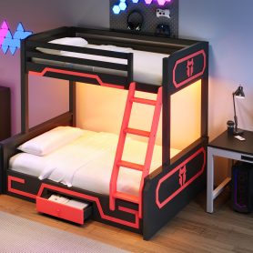 Twin over Full Bunk Bed with LED Light Strip, Drawer and Ladder