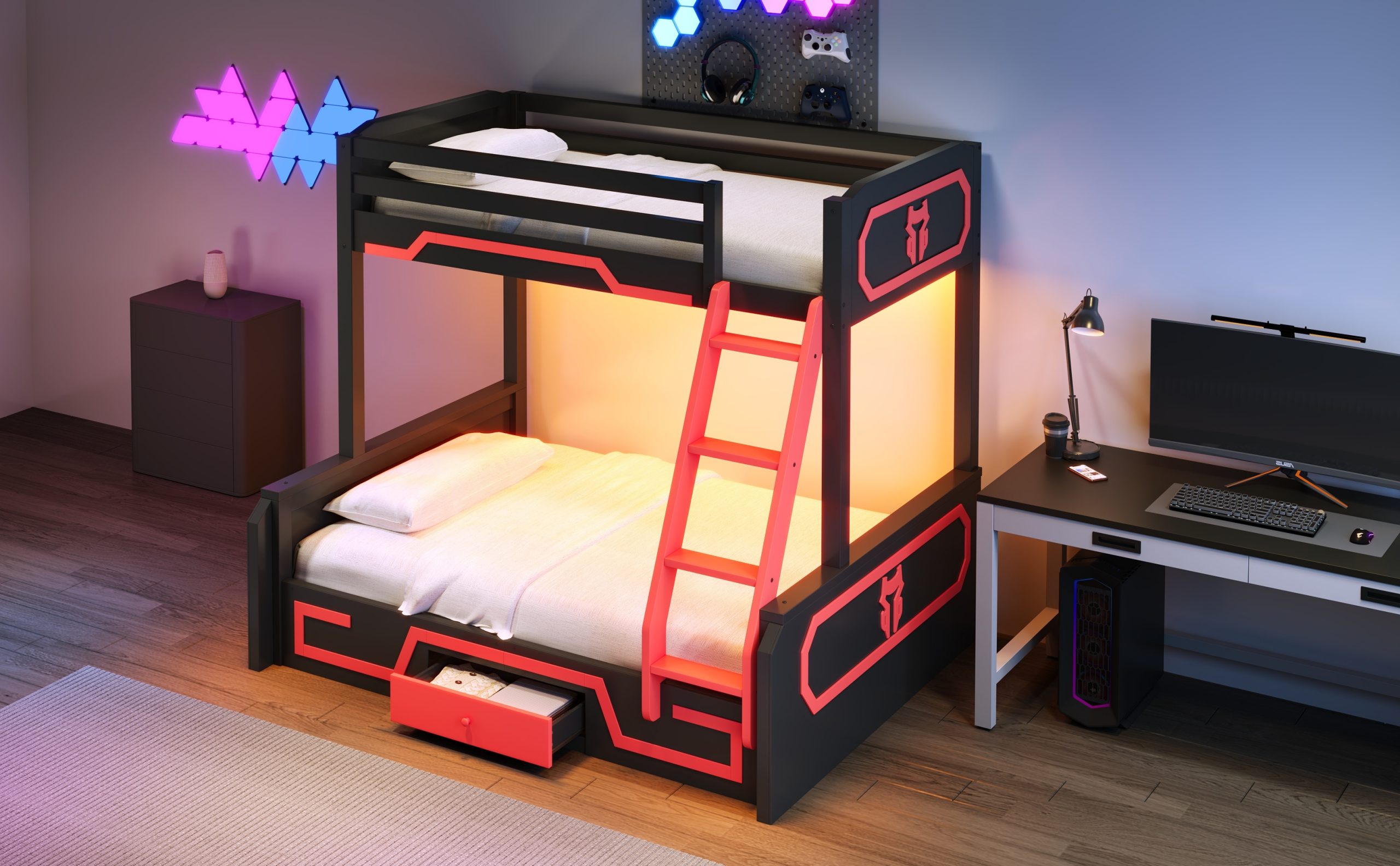 Twin over Full Bunk Bed with LED Light Strip, Drawer and Ladder