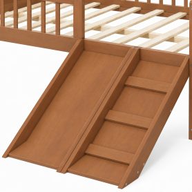 Platform Full Size Bed with Storage Shelf, Guardrail, Slide and Ladder