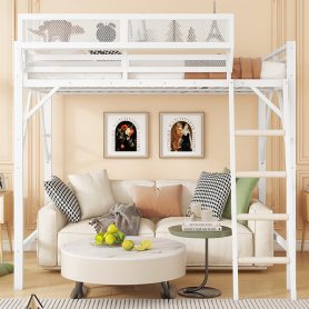 Metal Queen Size Loft Bed With Ladder and Storage Shelves