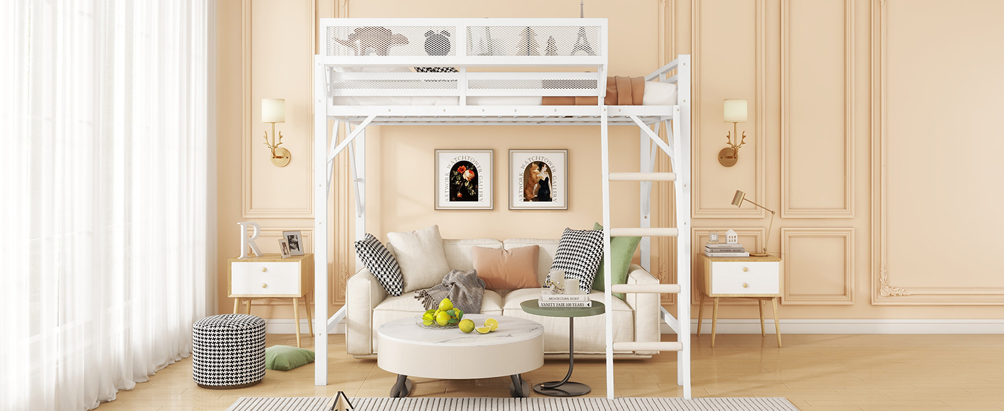 Metal Queen Size Loft Bed With Ladder and Storage Shelves