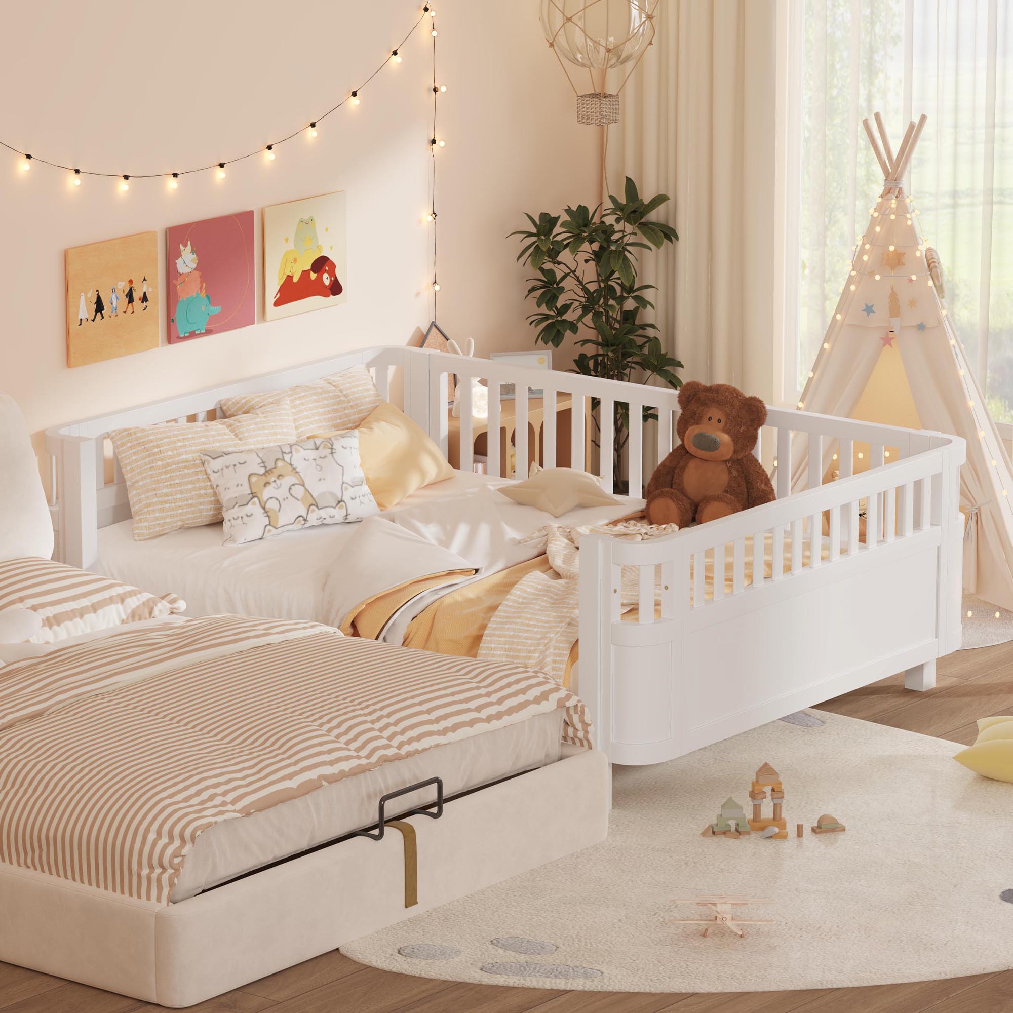 Wood Low Profile Queen Bed with Rails for Girls and Boys