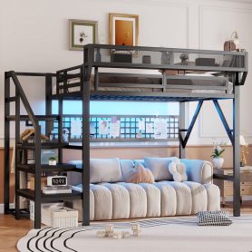 Metal Full Loft Bed with Light and Storage and Charging Station