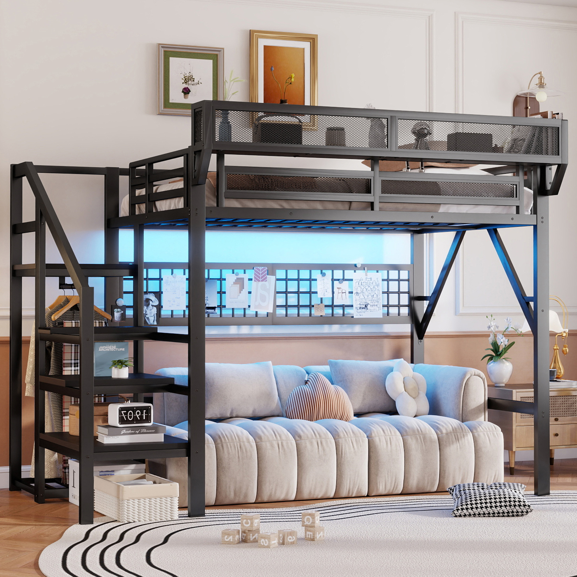 Metal Full Loft Bed with Light and Storage and Charging Station