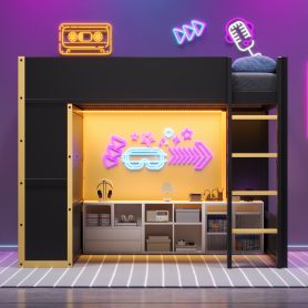 Queen Size Loft Bed with Cabinet, Storage Shelves and Drawer, LED Strip