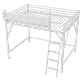 Metal Queen Size Loft Bed With Ladder and Storage Shelves