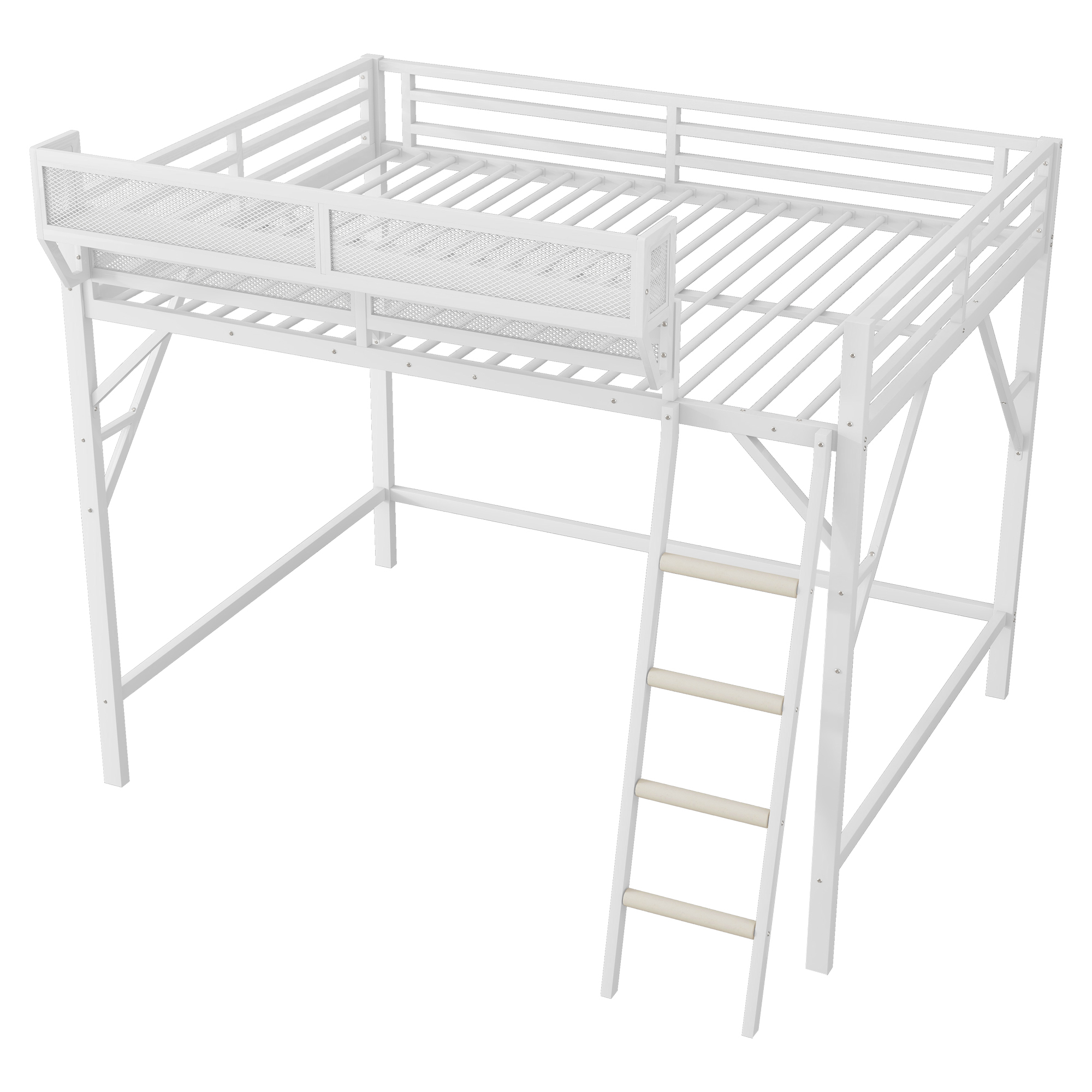 Metal Queen Size Loft Bed With Ladder and Storage Shelves
