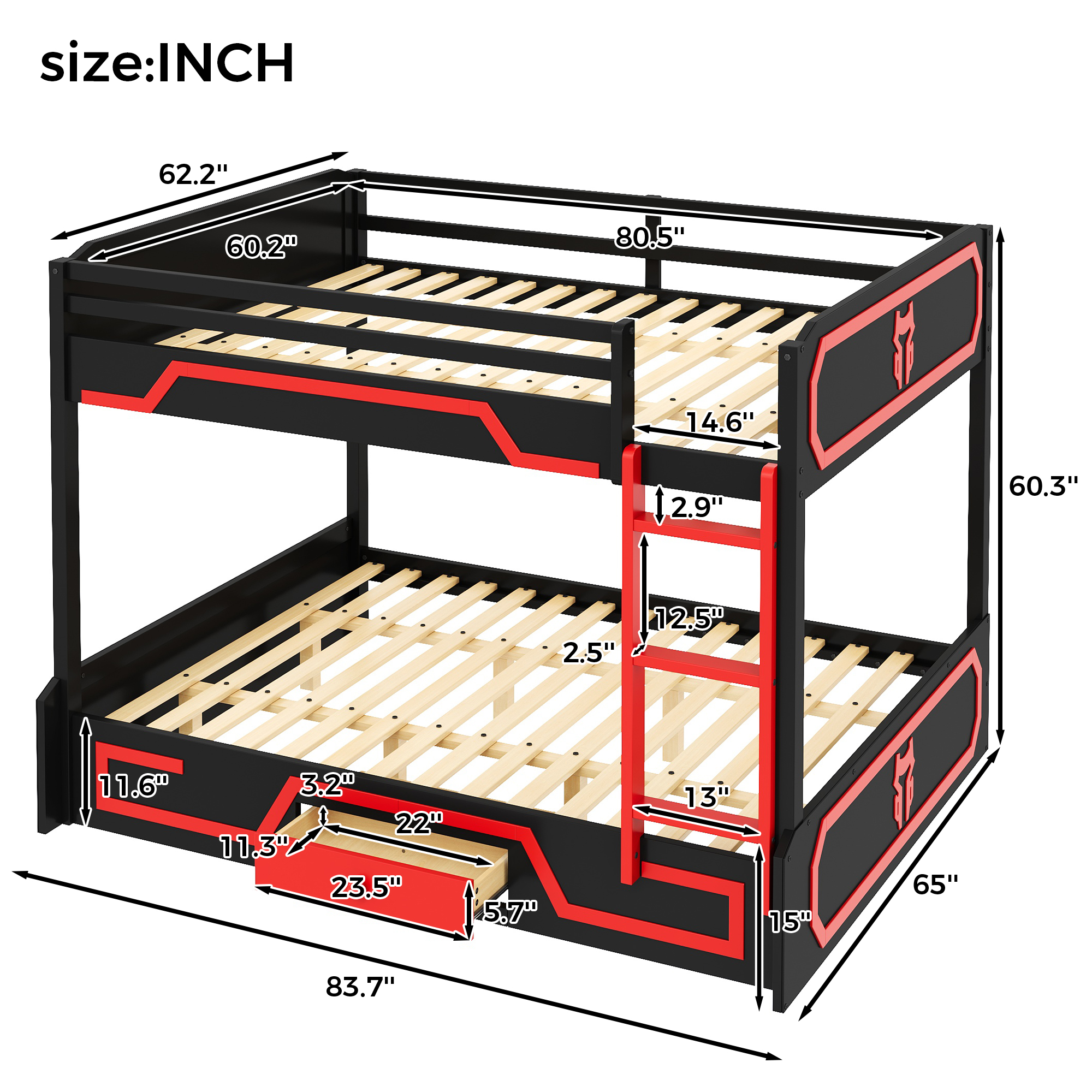 Queen over Queen Bunk Bed with LED Light Strip, Drawer and Ladder