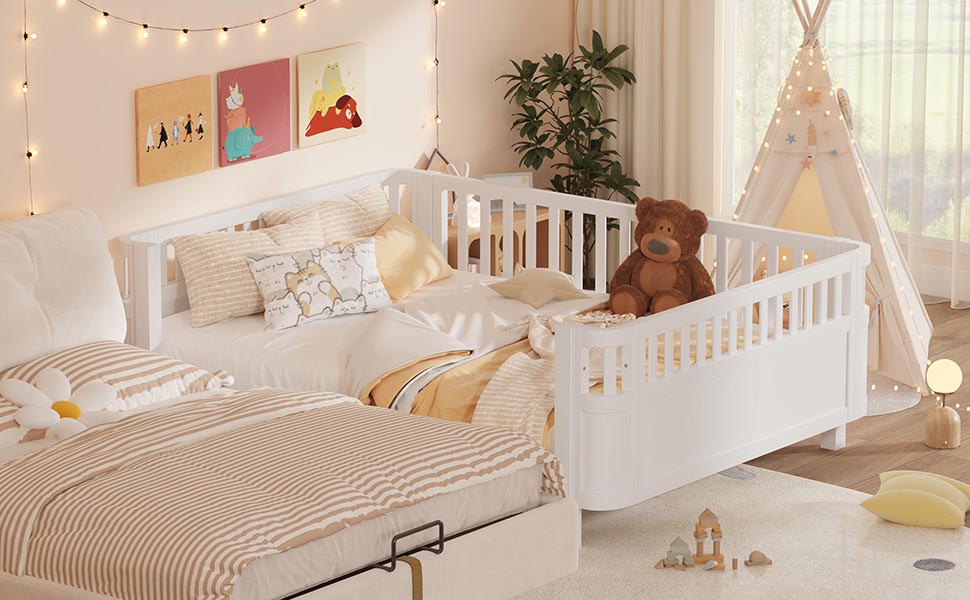 Wood Low Profile Queen Bed with Rails for Girls and Boys