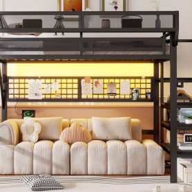 Metal Full Loft Bed with Light and Storage and Charging Station