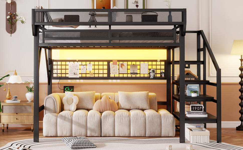 Metal Full Loft Bed with Light and Storage and Charging Station