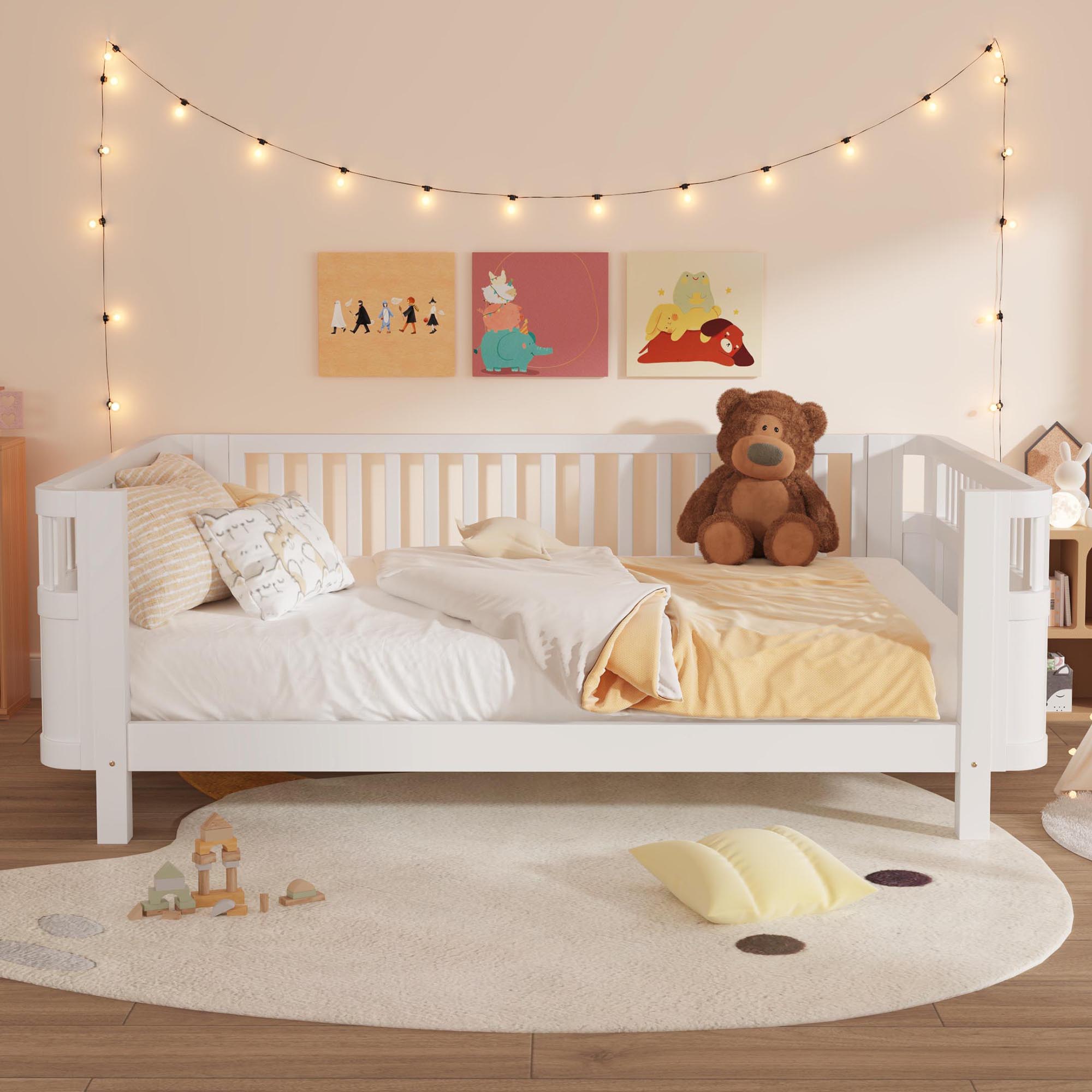 Wood Low Profile Queen Bed with Rails for Girls and Boys