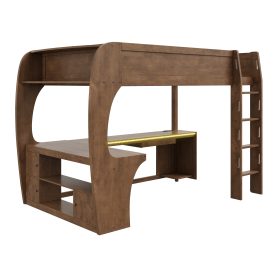Full Size Loft Bed with L- Shape Desk, Storage Shelves, LED and Charging Station
