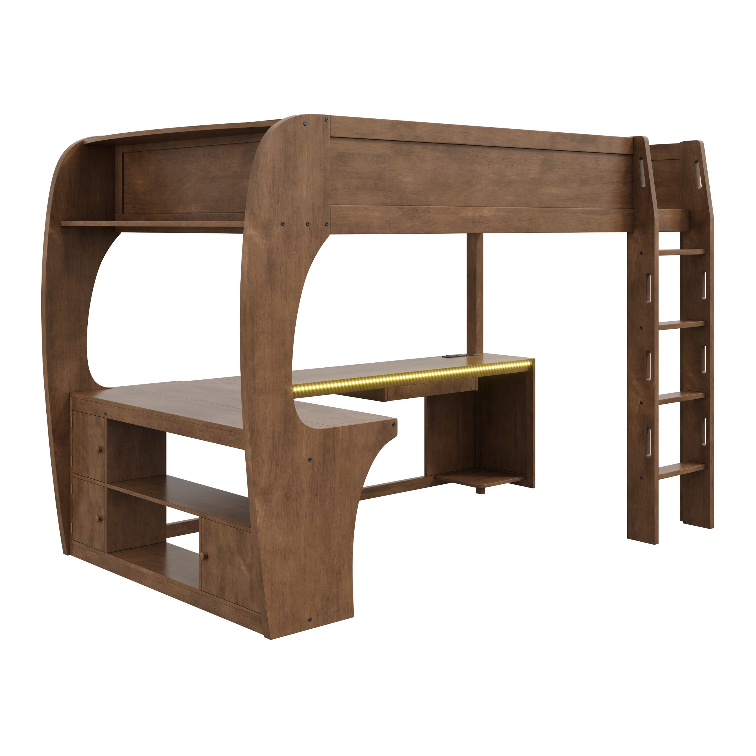 Full Size Loft Bed with L- Shape Desk, Storage Shelves, LED and Charging Station