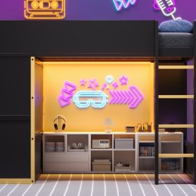 Queen Size Loft Bed with Cabinet, Storage Shelves and Drawer, LED Strip