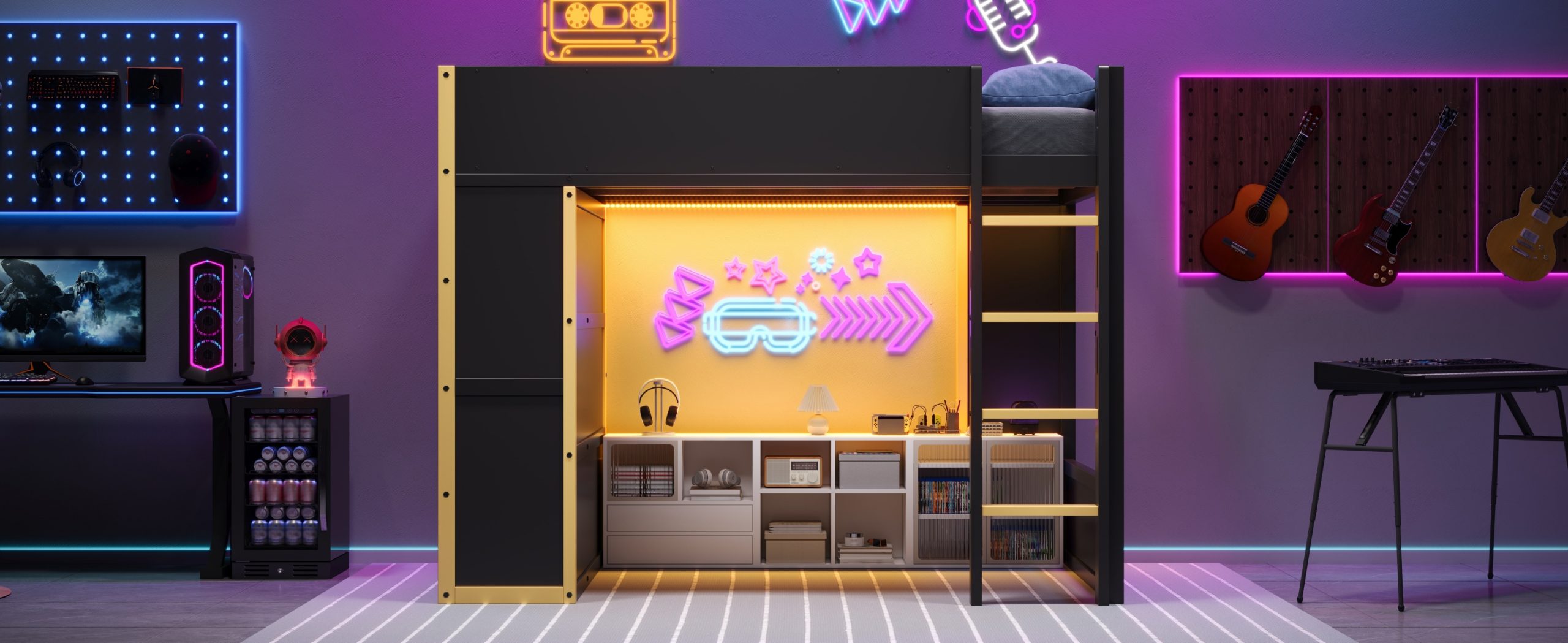 Queen Size Loft Bed with Cabinet, Storage Shelves and Drawer, LED Strip