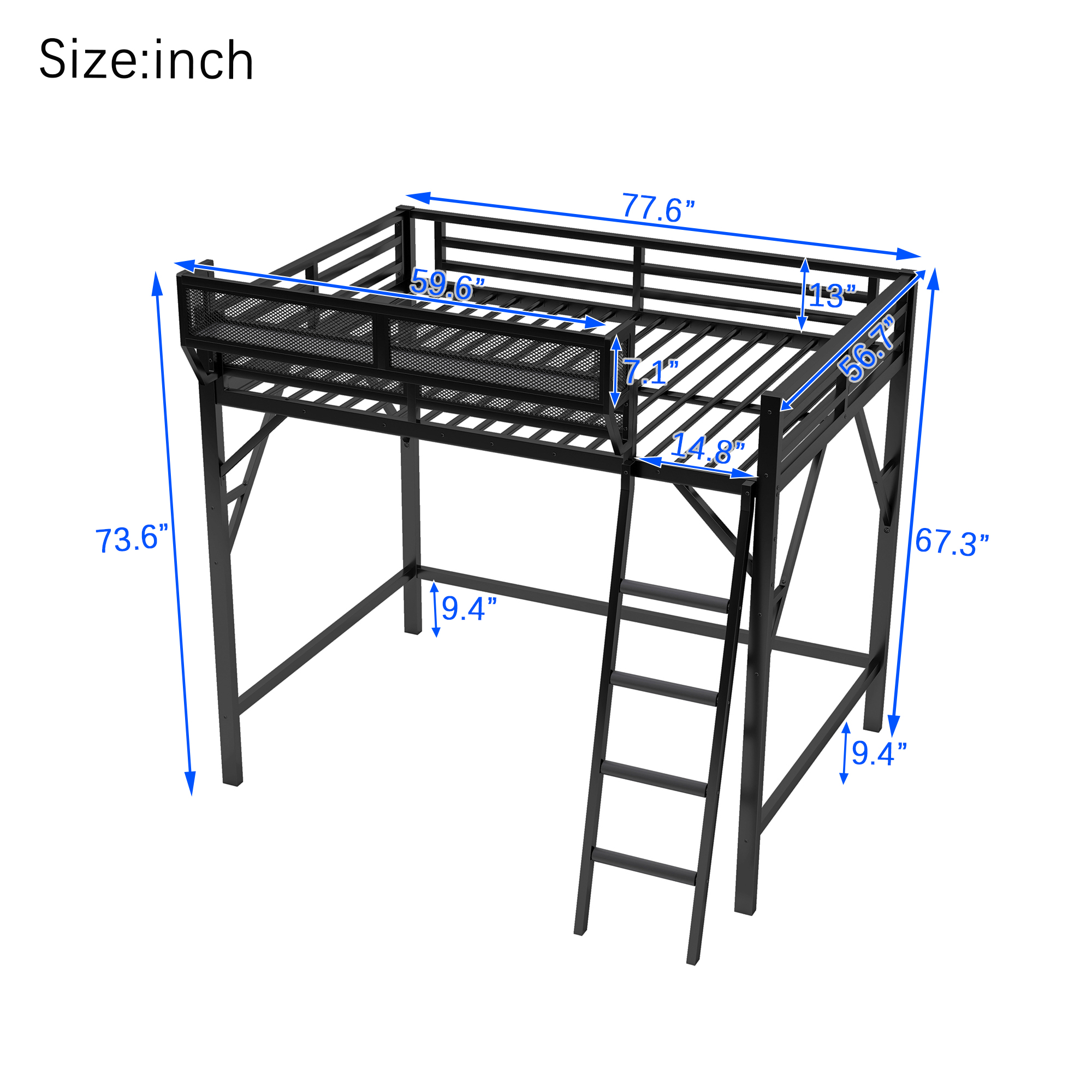 Metal Full Size Loft Bed With Ladder and Storage Shelves