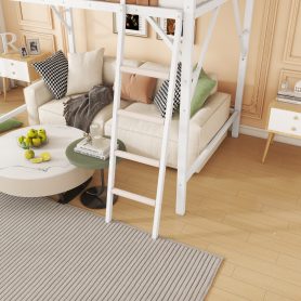 Metal Queen Size Loft Bed With Ladder and Storage Shelves