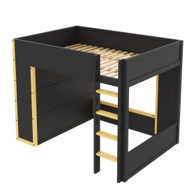 Queen Size Loft Bed with Cabinet, Storage Shelves and Drawer, LED Strip