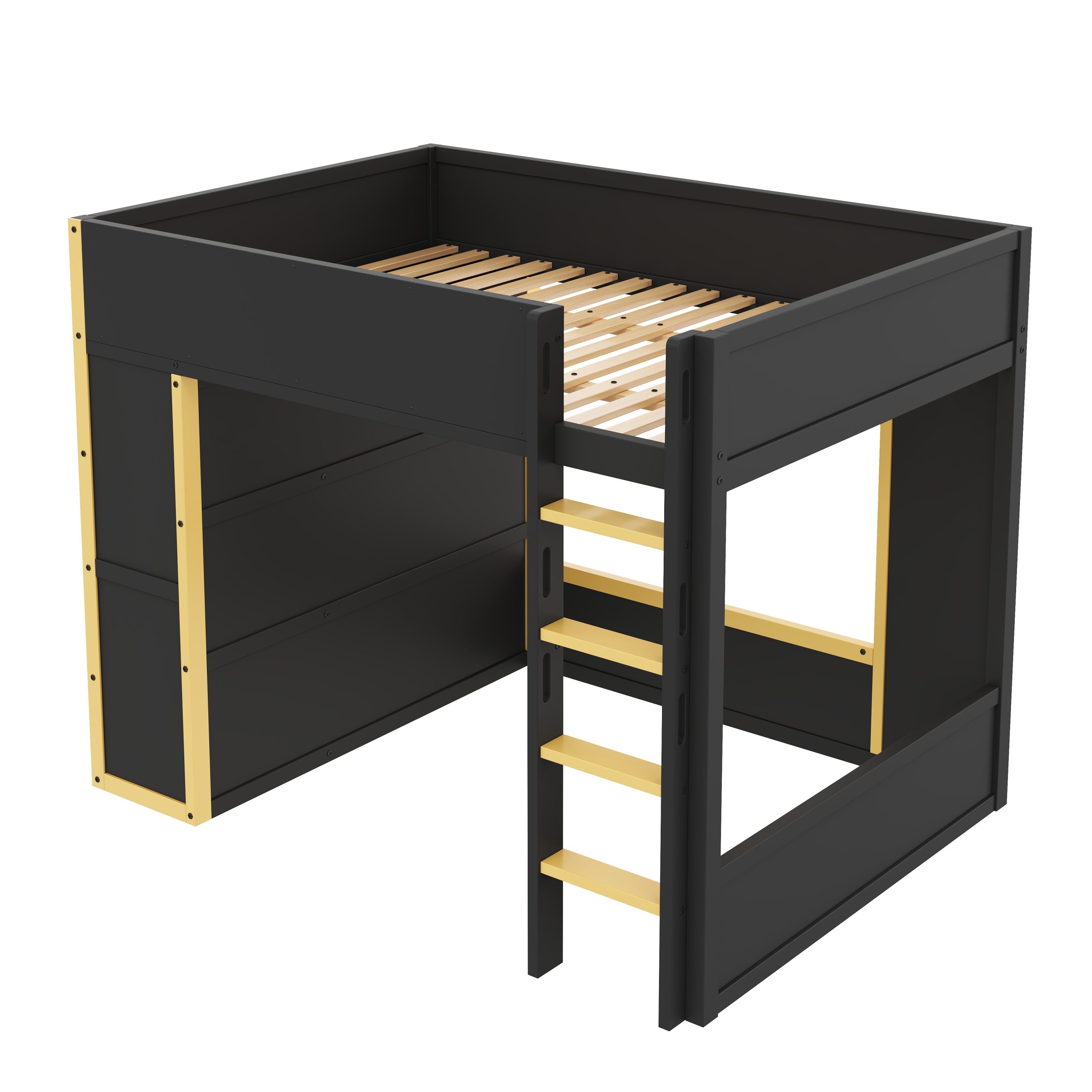 Queen Size Loft Bed with Cabinet, Storage Shelves and Drawer, LED Strip