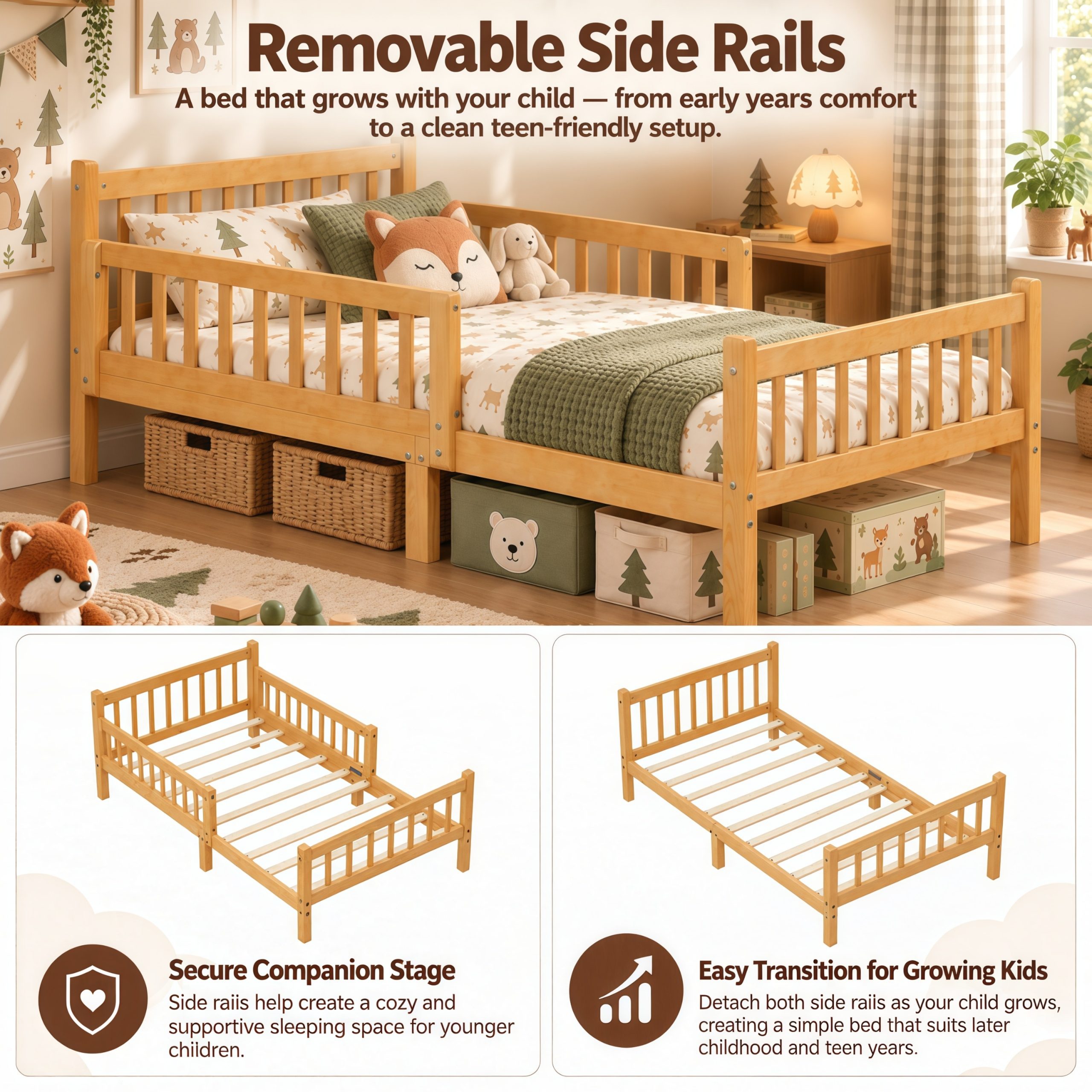 Twin Size Bed Frame With Removable Safety Guardrails