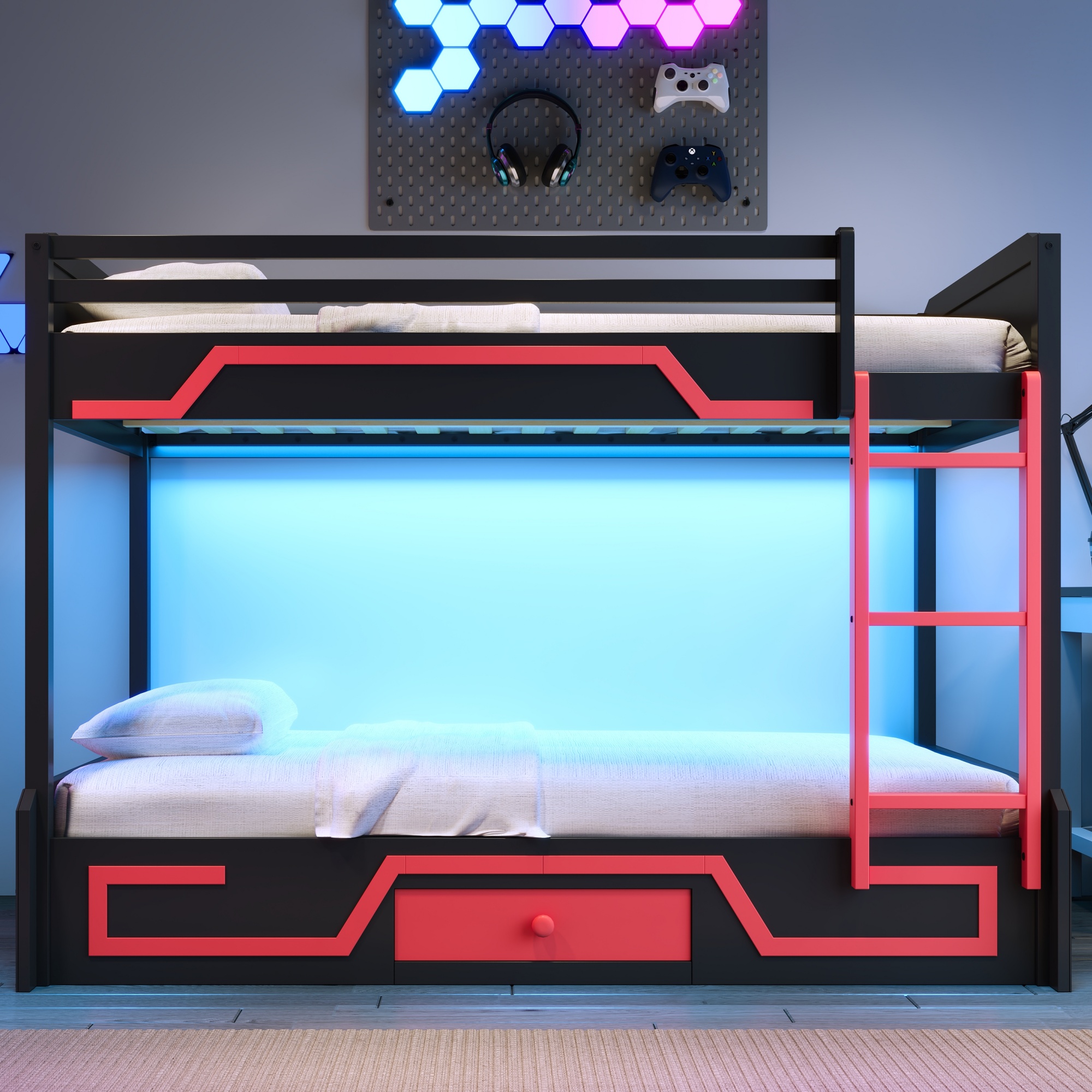 Full over Full Bunk Bed with LED Light Strip, Drawer and Ladder