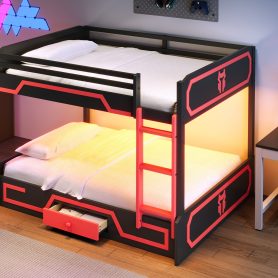 Queen over Queen Bunk Bed with LED Light Strip, Drawer and Ladder