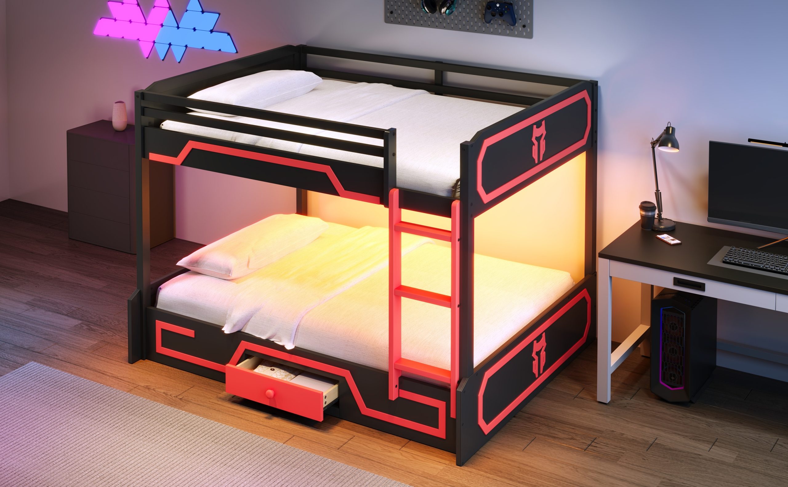 Queen over Queen Bunk Bed with LED Light Strip, Drawer and Ladder