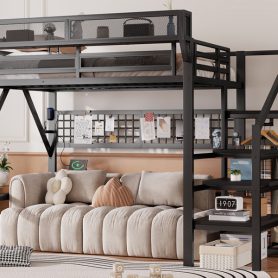 Metal Full Loft Bed with Light and Storage and Charging Station