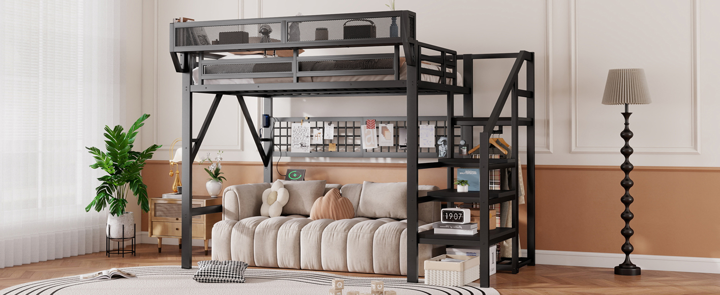 Metal Full Loft Bed with Light and Storage and Charging Station