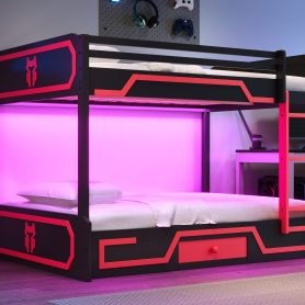 Full over Full Bunk Bed with LED Light Strip, Drawer and Ladder