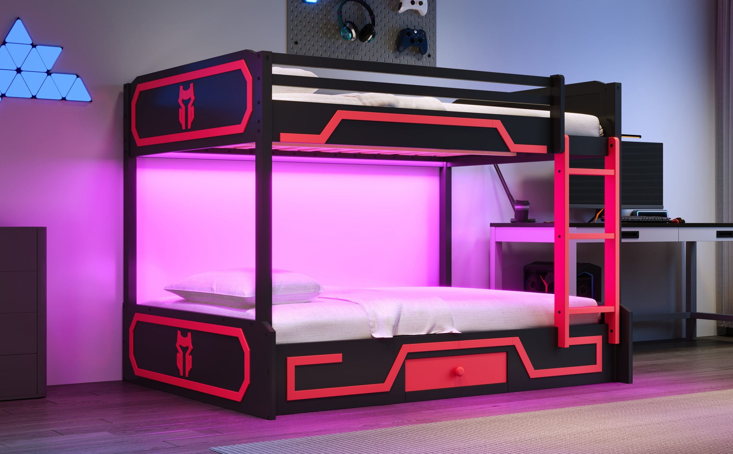 Full over Full Bunk Bed with LED Light Strip, Drawer and Ladder