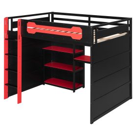 Full Size Wooden Gaming Loft Bed with Storage Shelves, Desk, USB & Power Outlet, and LED Light