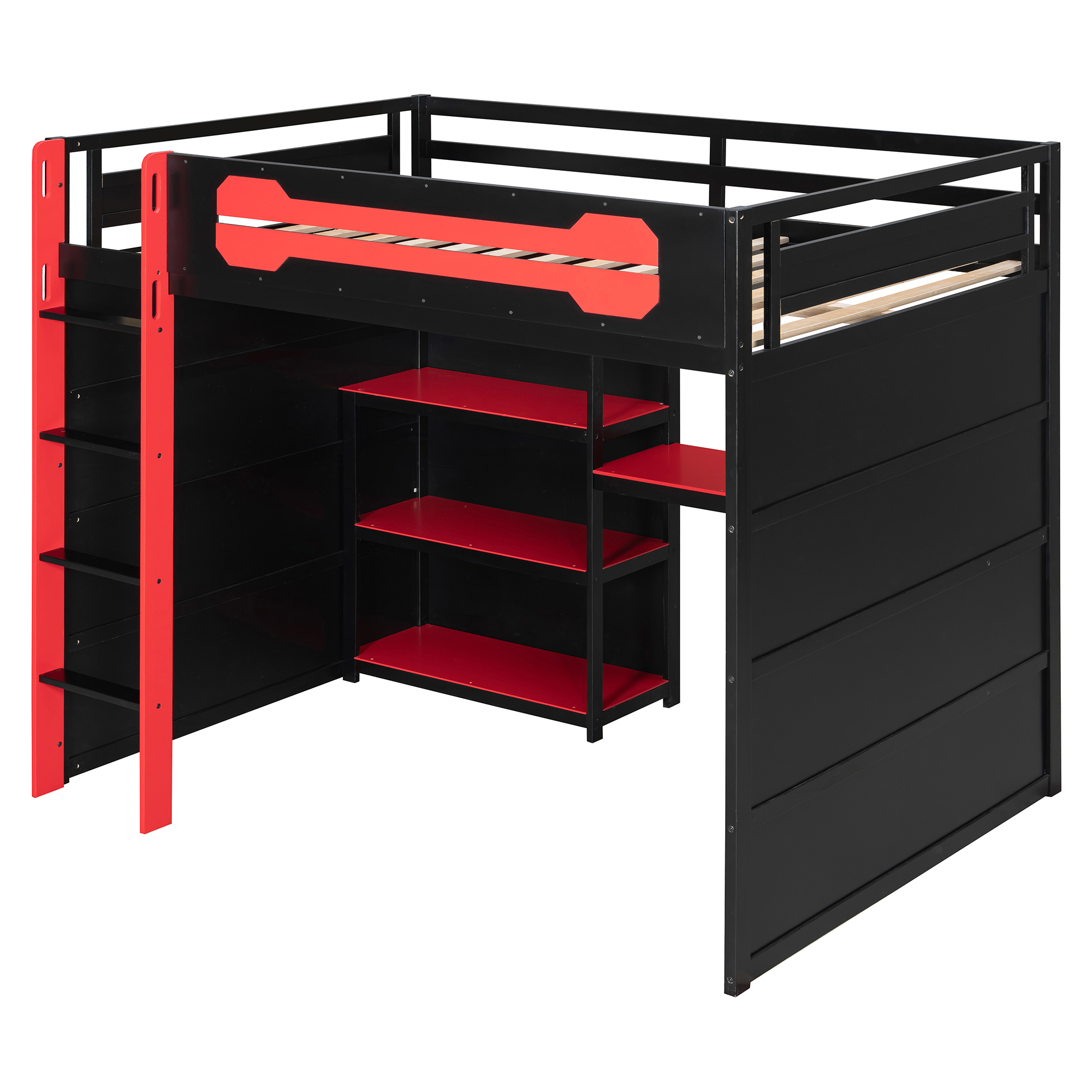 Full Size Wooden Gaming Loft Bed with Storage Shelves, Desk, USB & Power Outlet, and LED Light