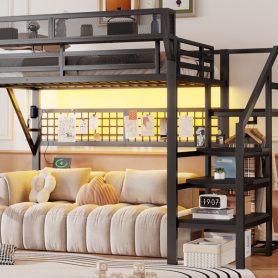Metal Full Loft Bed with Light and Storage and Charging Station