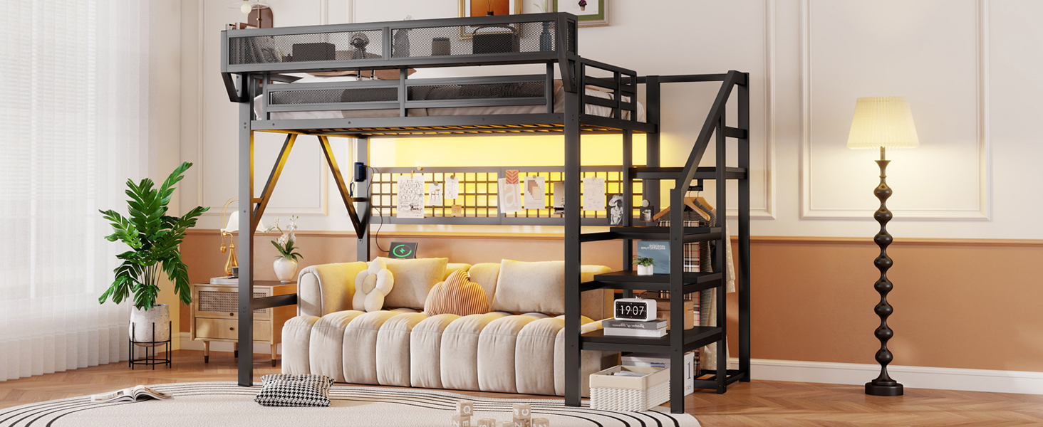 Metal Full Loft Bed with Light and Storage and Charging Station