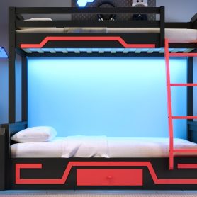 Twin over Full Bunk Bed with LED Light Strip, Drawer and Ladder