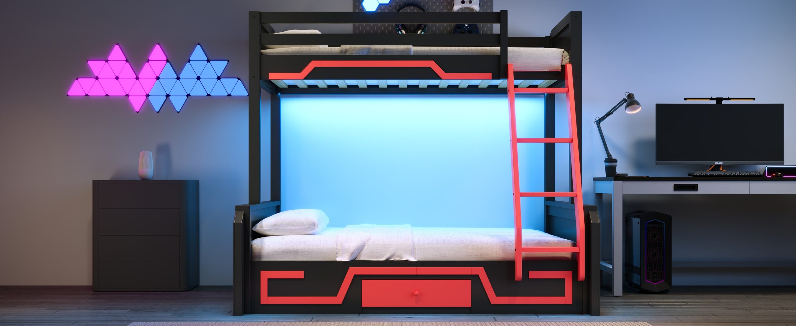 Twin over Full Bunk Bed with LED Light Strip, Drawer and Ladder